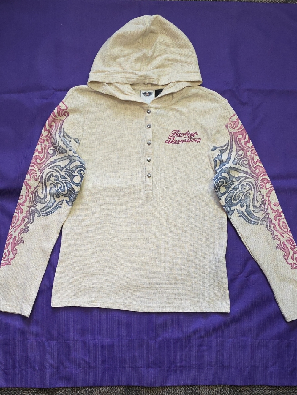 Harley-Davidson Beige Hooded Henley with Pink & Gray Sleeve Designs